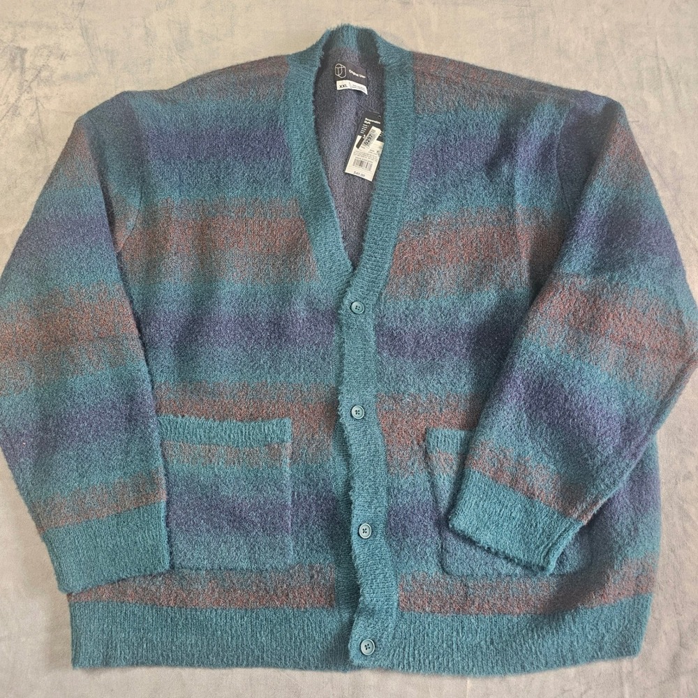 Original Use Mens XXL Teal Purple Striped Fuzzy Knit Button Front Cardigan NWT - Picture 9 of 9